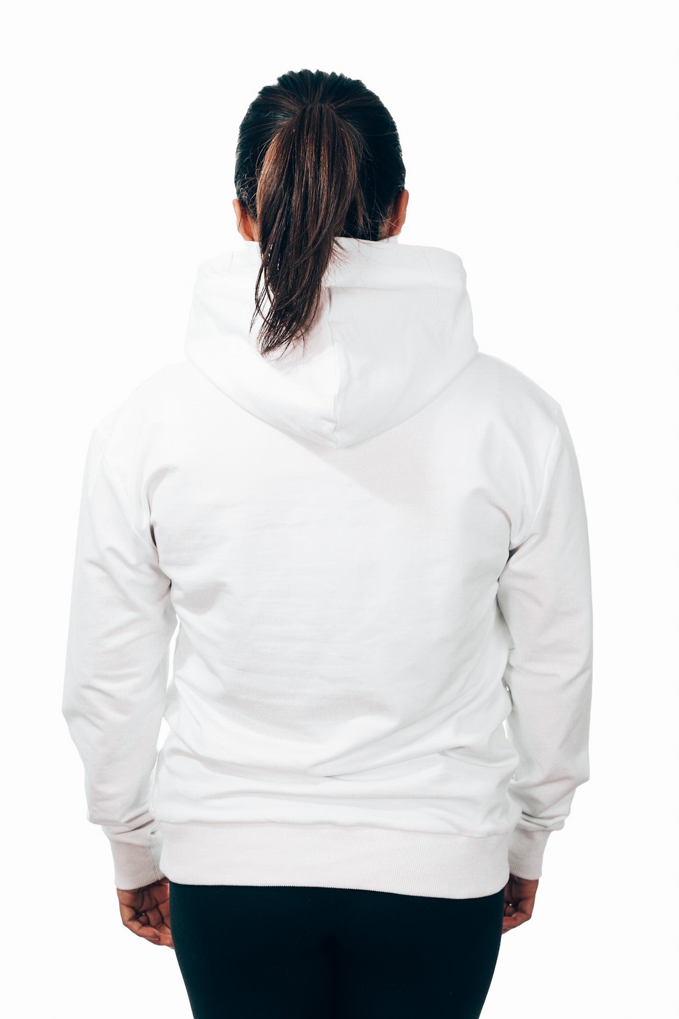 A rear view shot of a woman wearing the white face mask hoodie by MFKN Hustle.
